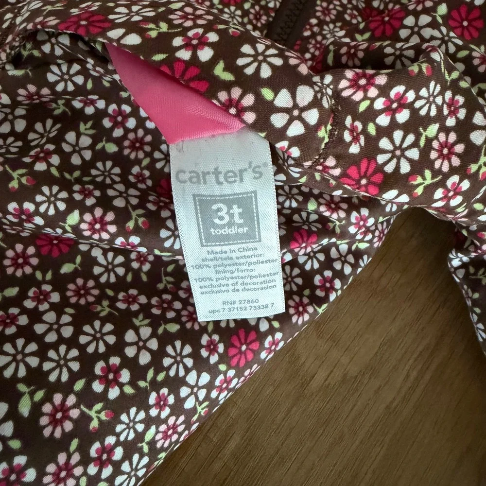 Carters Toddler Girls 3T Reversible Jacket Pink Fleece Floral Brown Full Zip‎